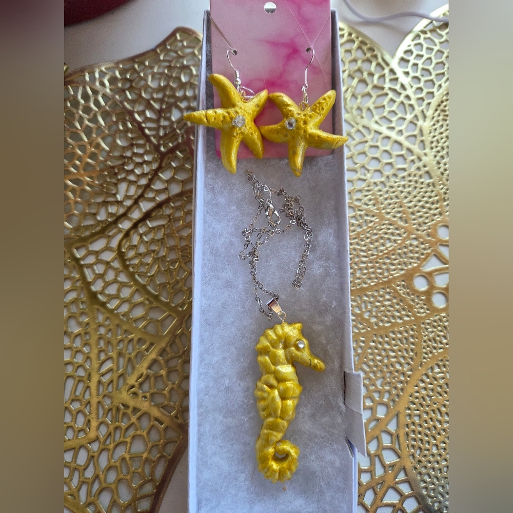 Yellow Starfish and Seahorse Jewelry Set Hand Made